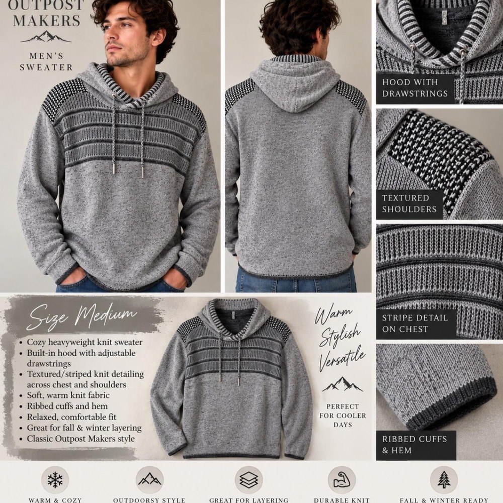 🩶 BKE Outpost Makers Men's Gray Knit Hooded Sweater